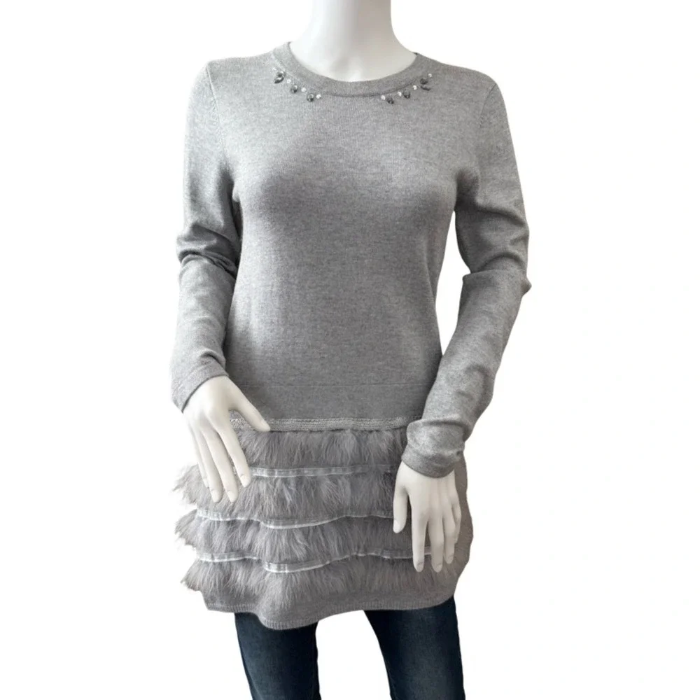 MAYORAL Gray Embellished Knit Tunic Sweater Feather Trim Girls Size 12/14 Formal